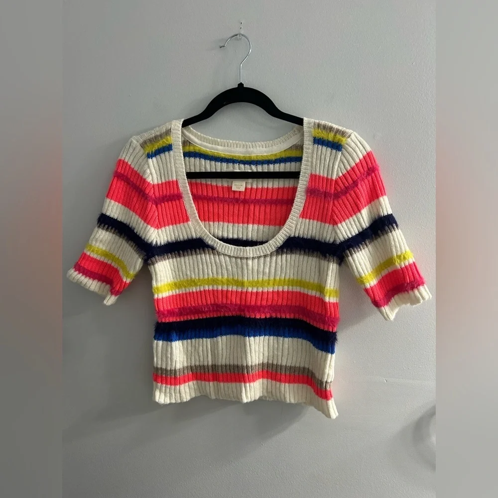 Maeve Anthropologie Short-Sleeve Multi-Stripe Eyelash Sweater - Picture 7 of 11